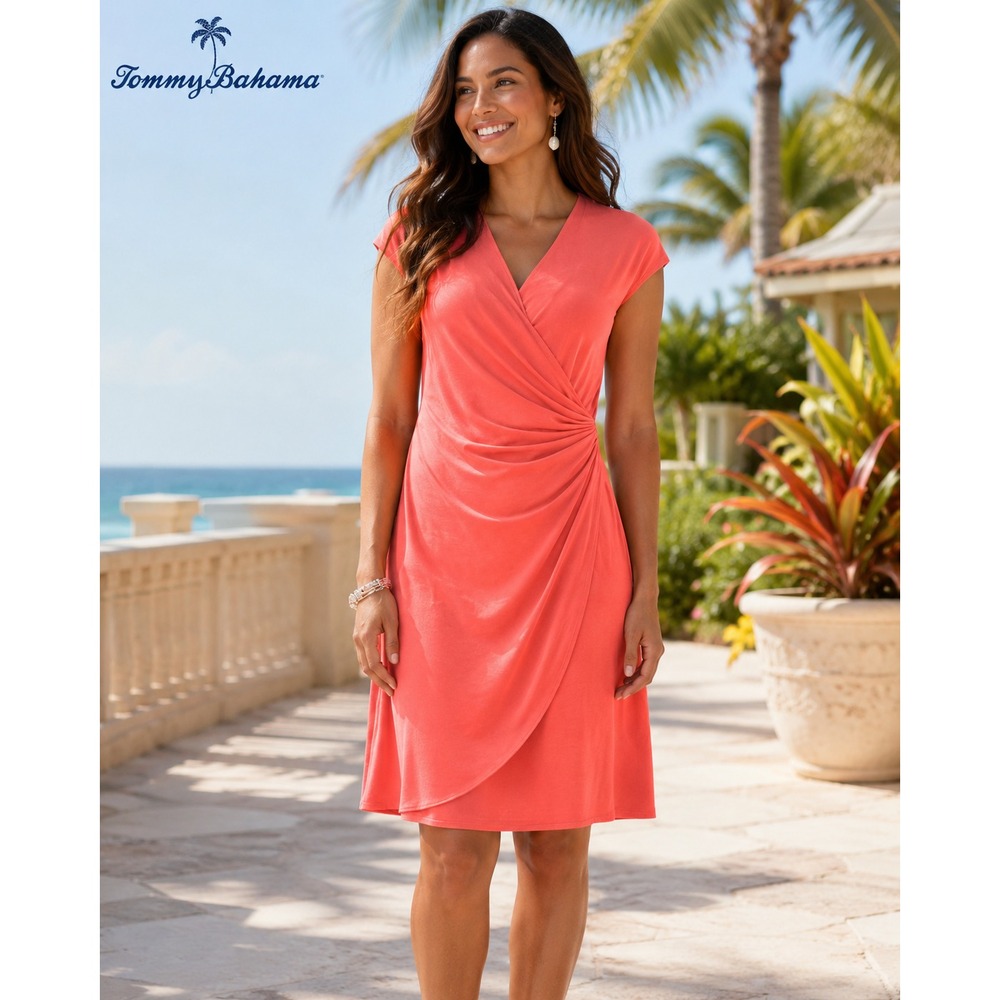 Tommy Bahama Tambour Coral Faux Wrap Surplice Ruched Knee Length Dress S Petite